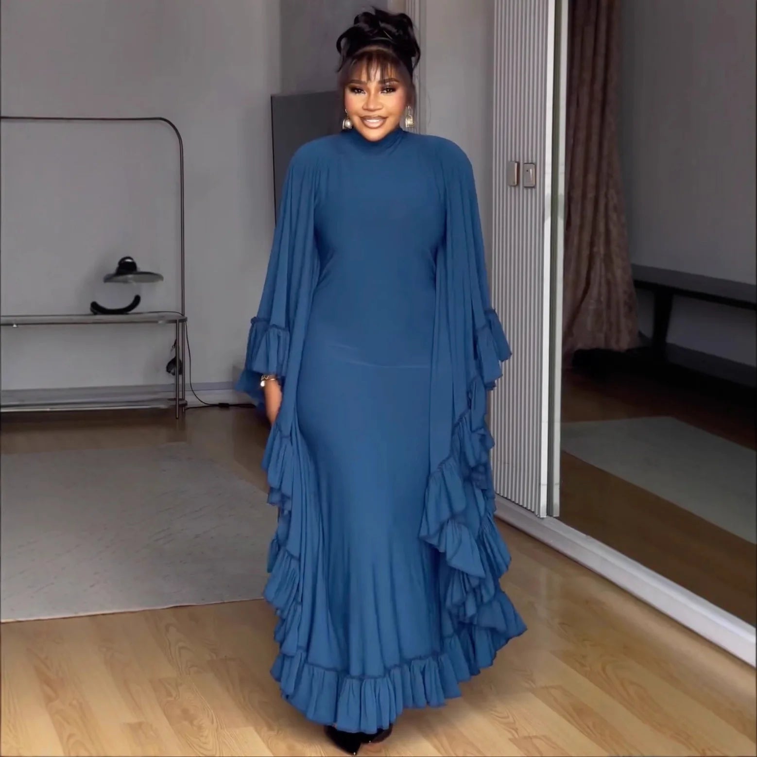 Fashion High Neck Batwing Sleeve Long Dress
