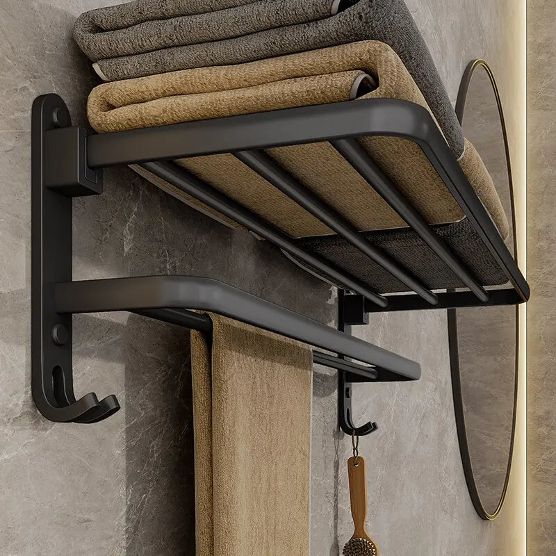 Matte Black Folding Towel Rack with Hook – 50cm