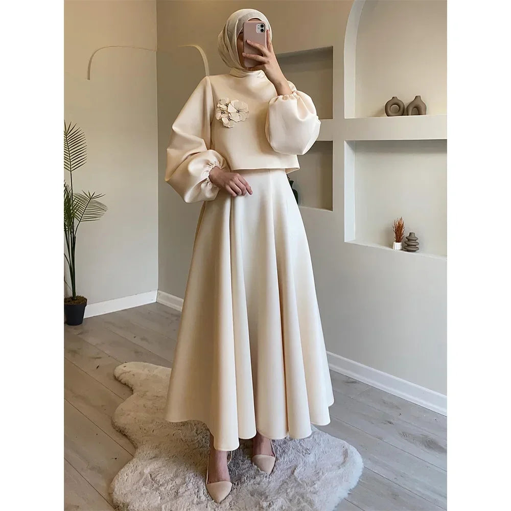 Elegant 2 Piece Skirt Set – Lantern Sleeve Top