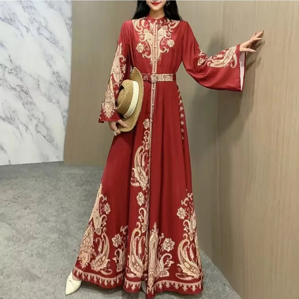 Chic Printed Maxi Dress – Flowy Sleeve & Belt Style