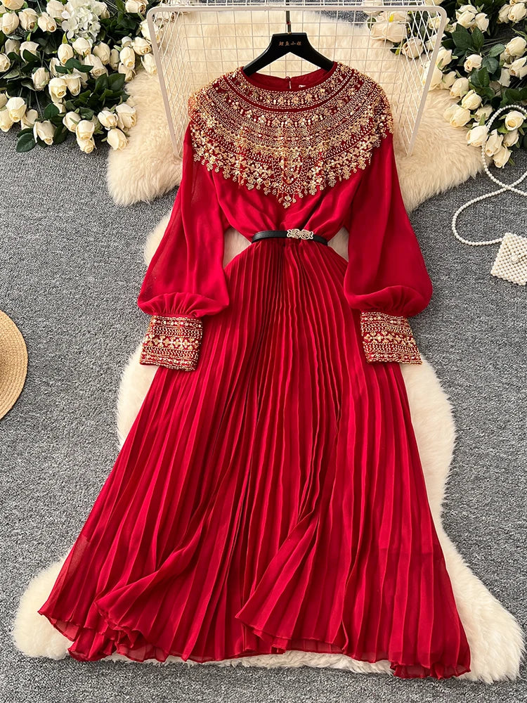 Elegant Sequin Long Sleeve Pleated Maxi Dress