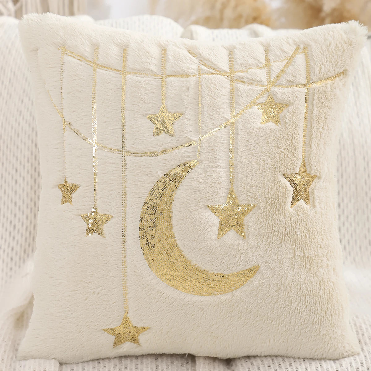 Housse de Coussin Ramadan Luxe – Croissant & Étoiles Dorés