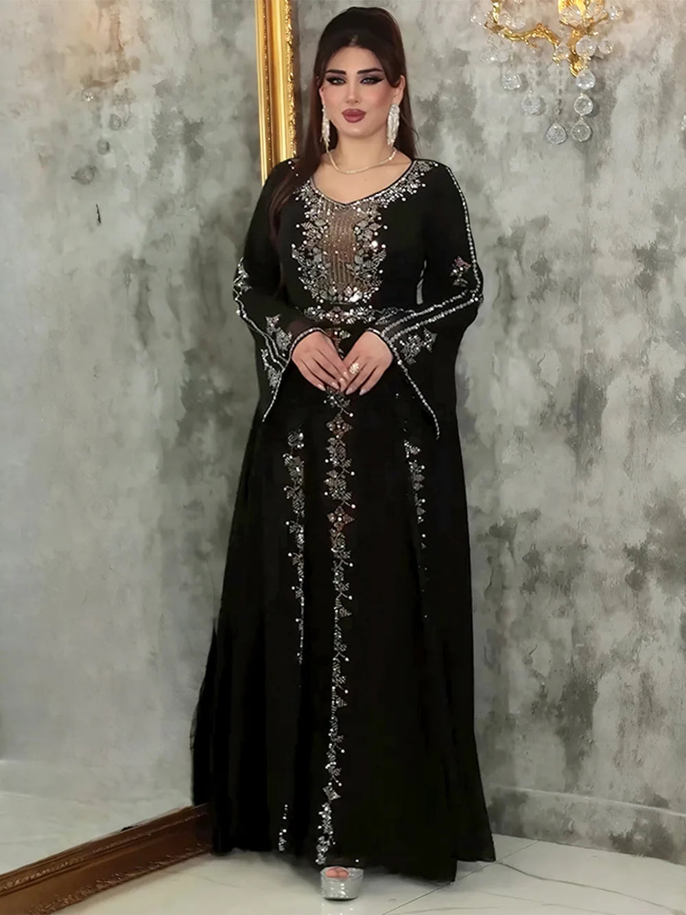 Elegant Ruffle Sleeve Chiffon Evening Dress