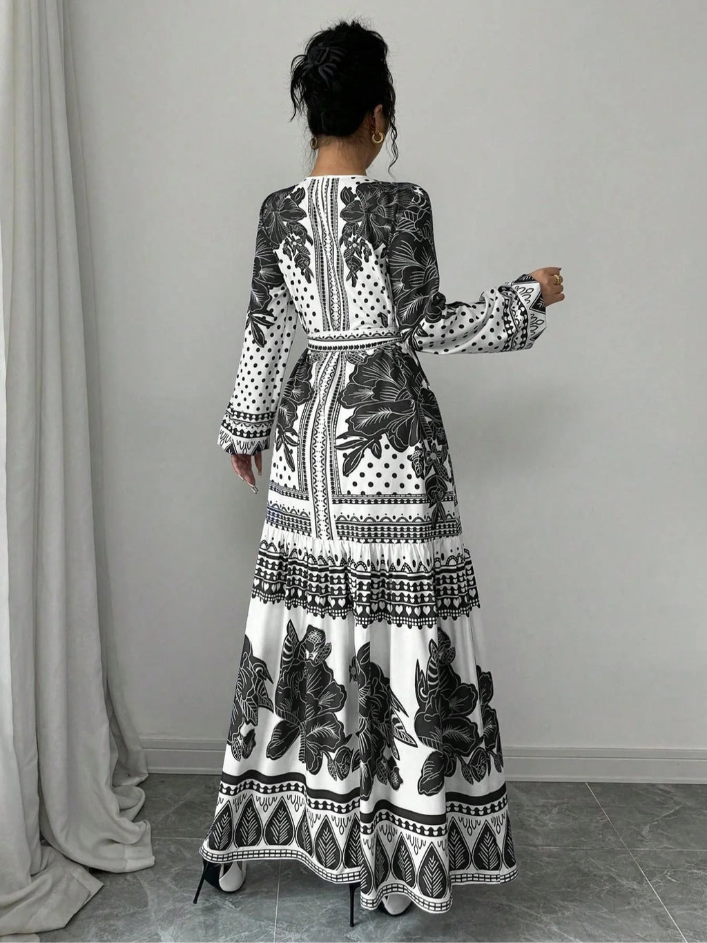Floral Belted Long Sleeve Midi Dress – Elegant Casual Style