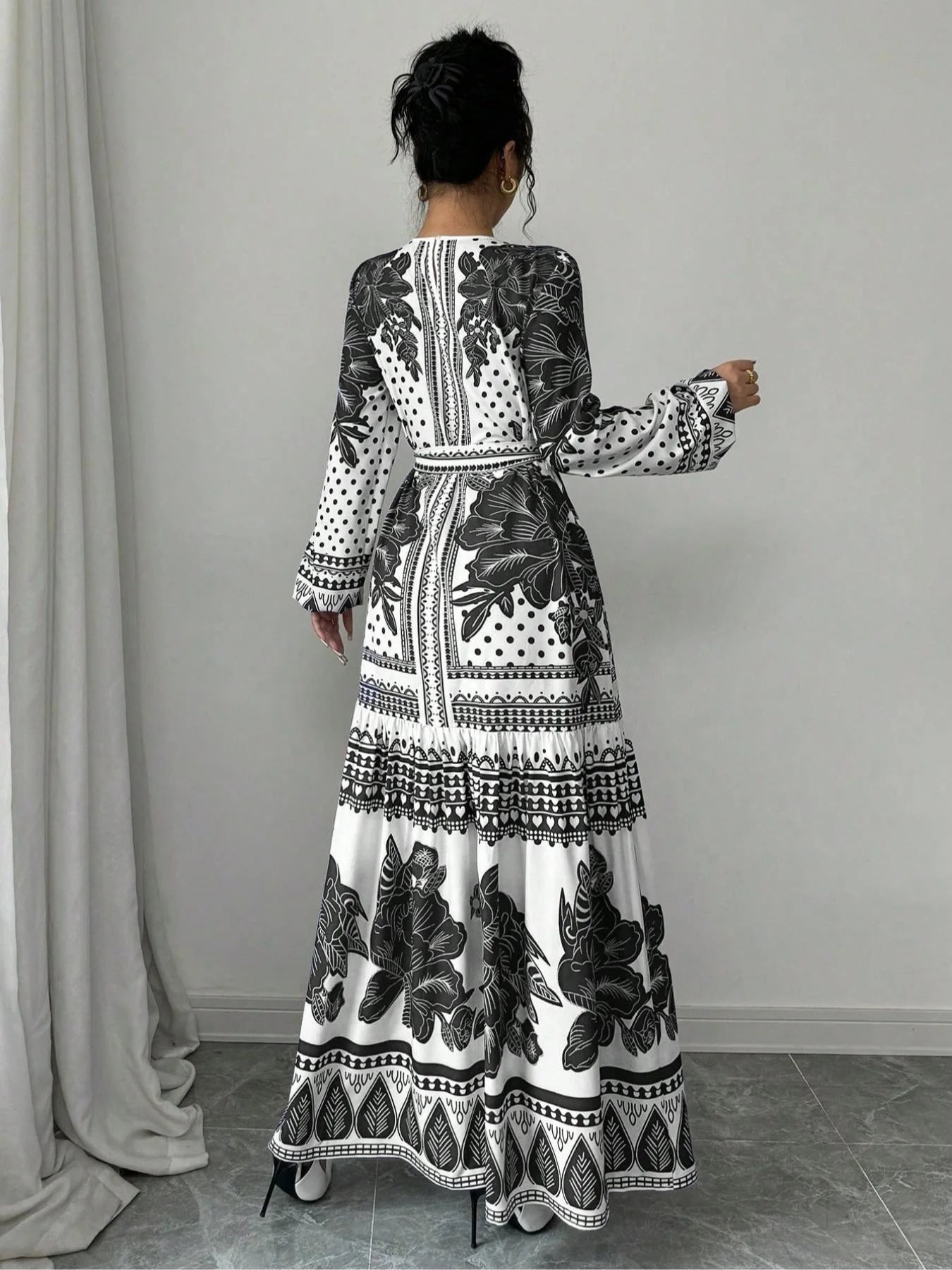 Floral Belted Long Sleeve Midi Dress – Elegant Casual Style