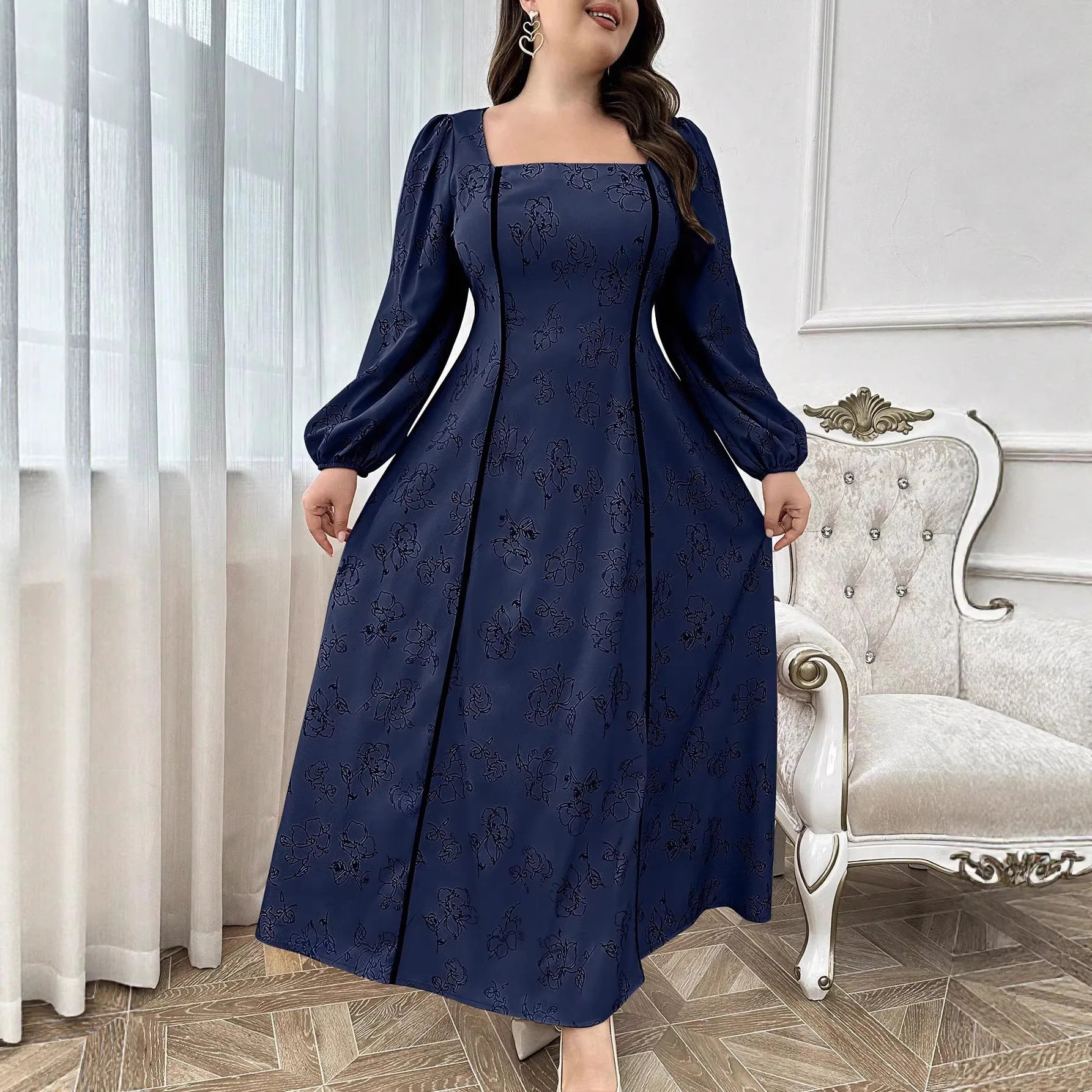 Elegant Blue Square Neck A-Line Maxi Dress