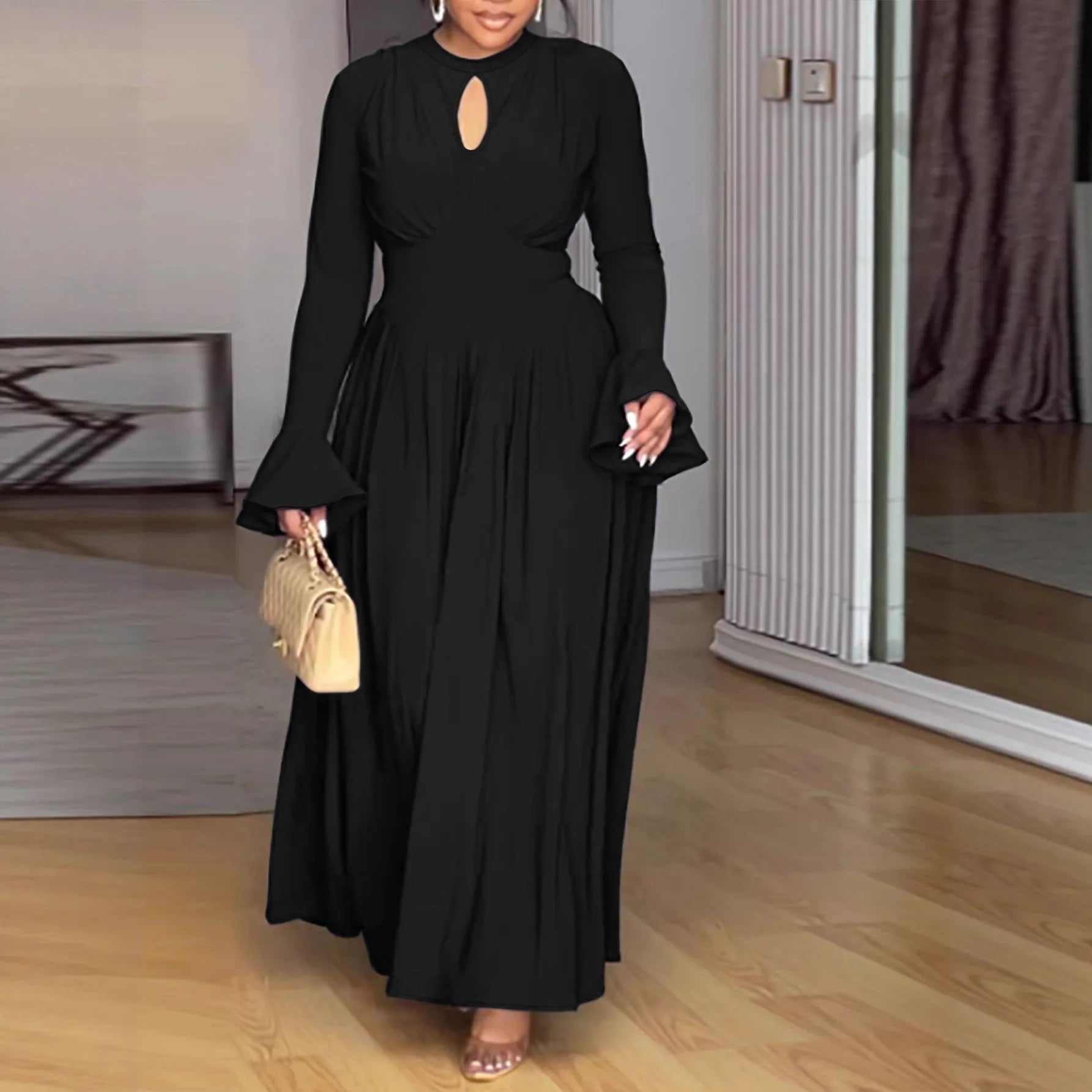 Plus Size Elegant Black Long Sleeve Midi Dress
