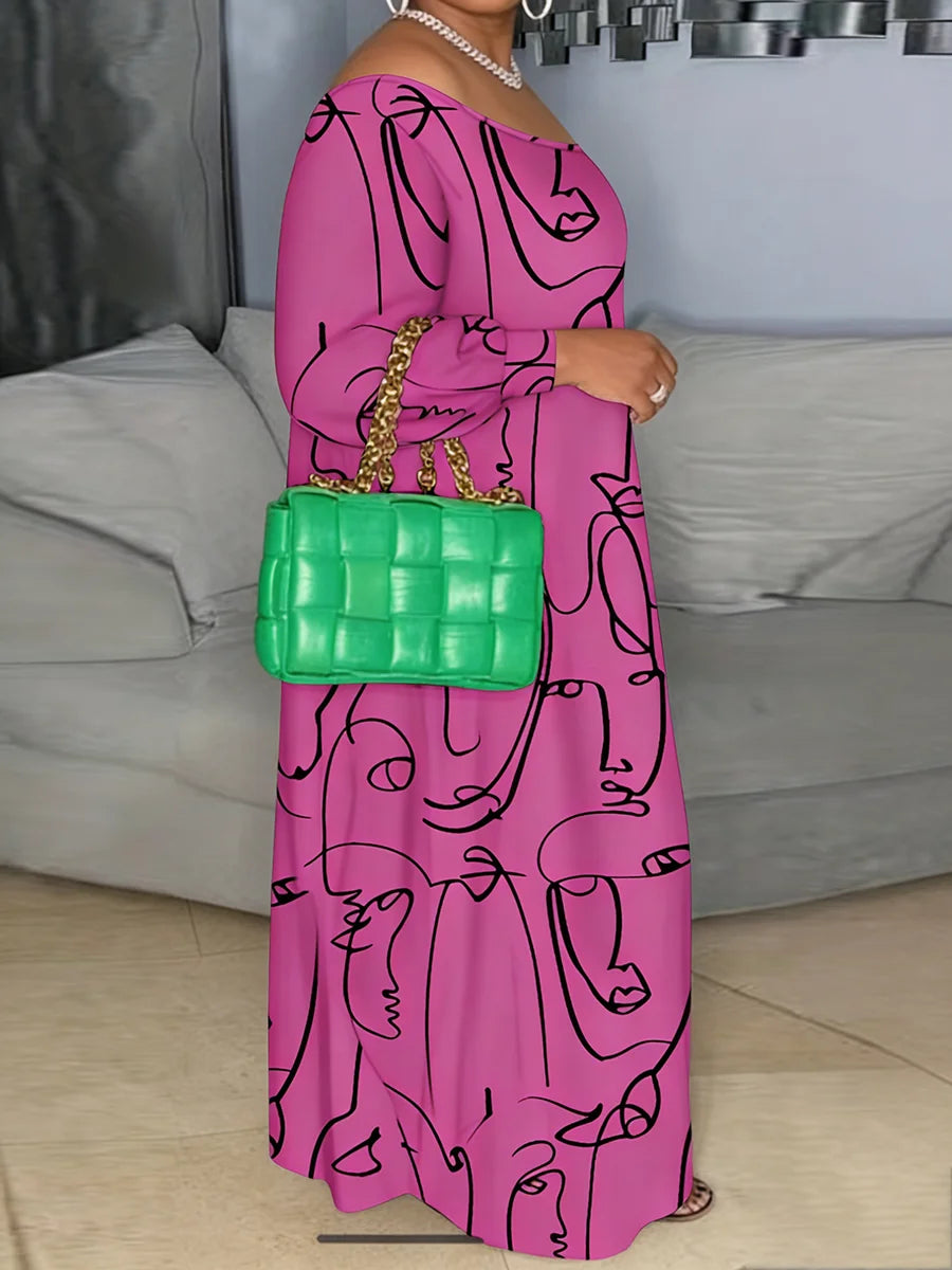 Plus Size One Shoulder Abstract Print Maxi Dress