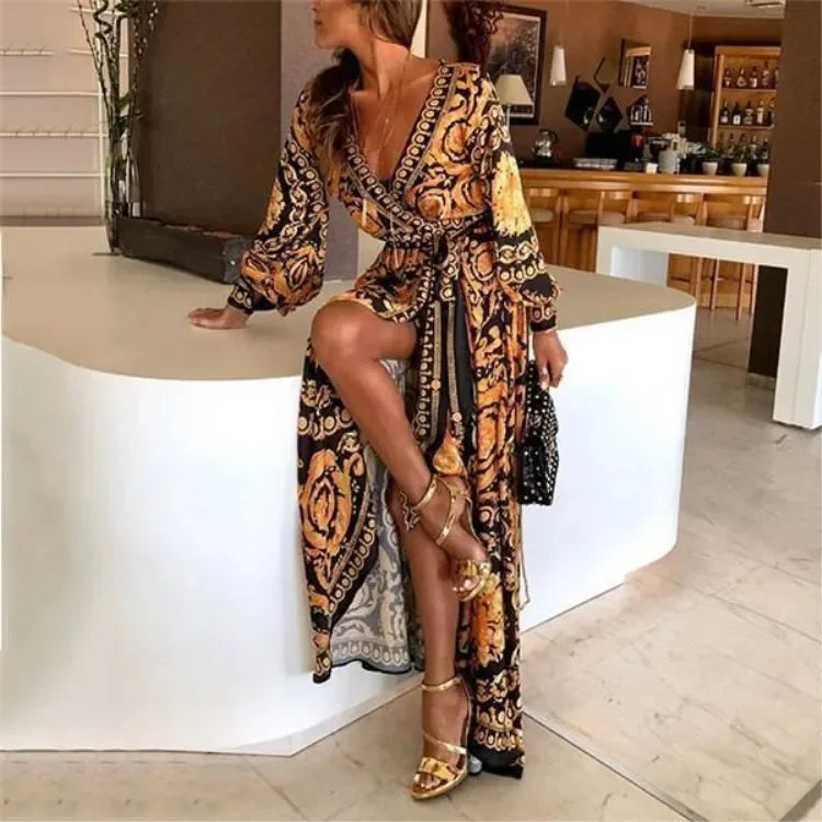 Elegant V-Neck Long Sleeve Side Slit Dress