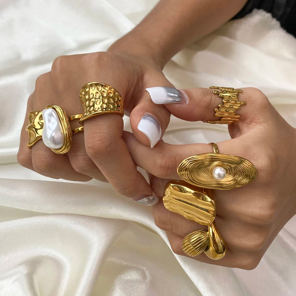 Gold Pearl Leaf Adjustable Ring