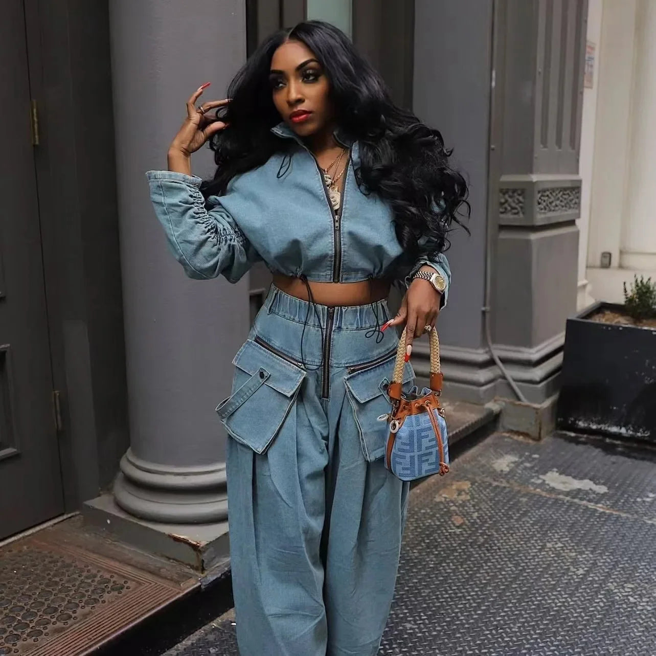 Retro Denim 2 Piece Set – Wide Leg Pants & Top