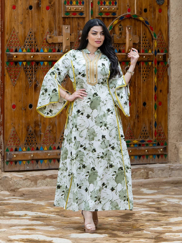 Elegant Printed Slit Maxi Dress with Flared Sleeves