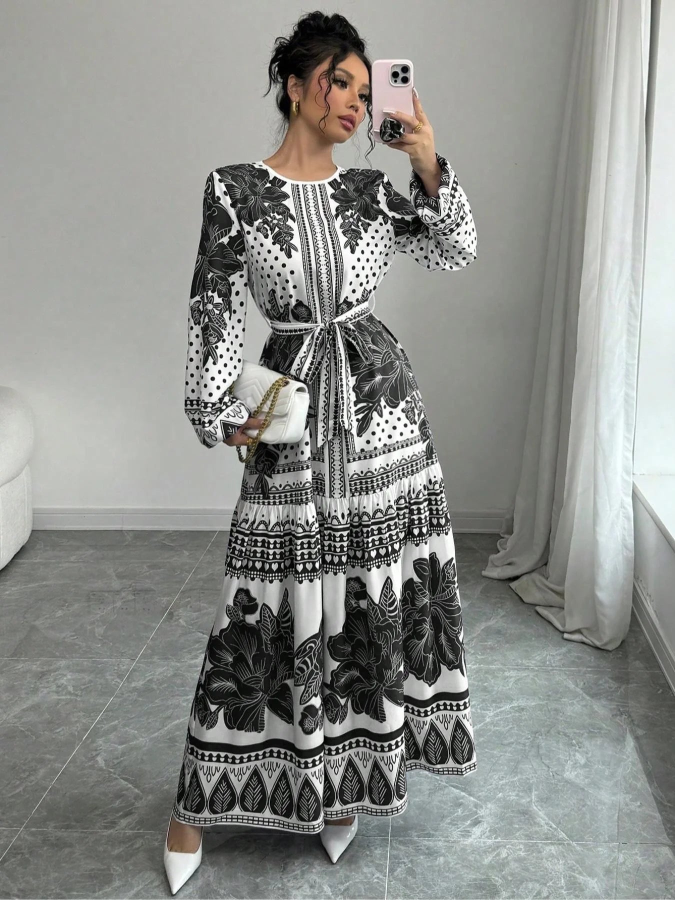 Floral Belted Long Sleeve Midi Dress – Elegant Casual Style